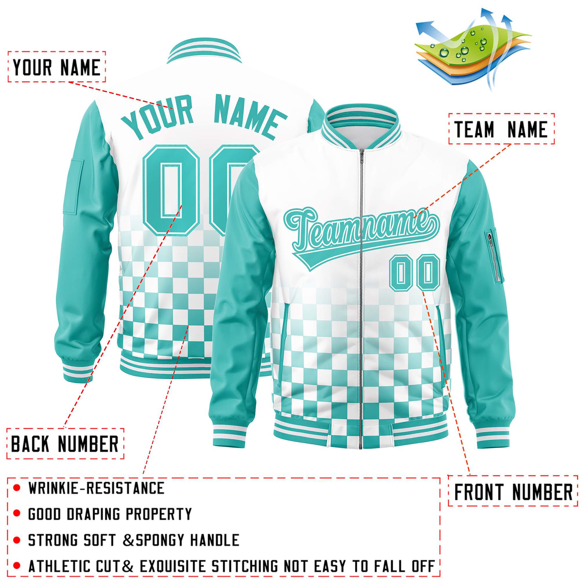 Custom White Aqua Grid Varsity Full-Zip Color Block Letterman Raglan Sleeve Jacket