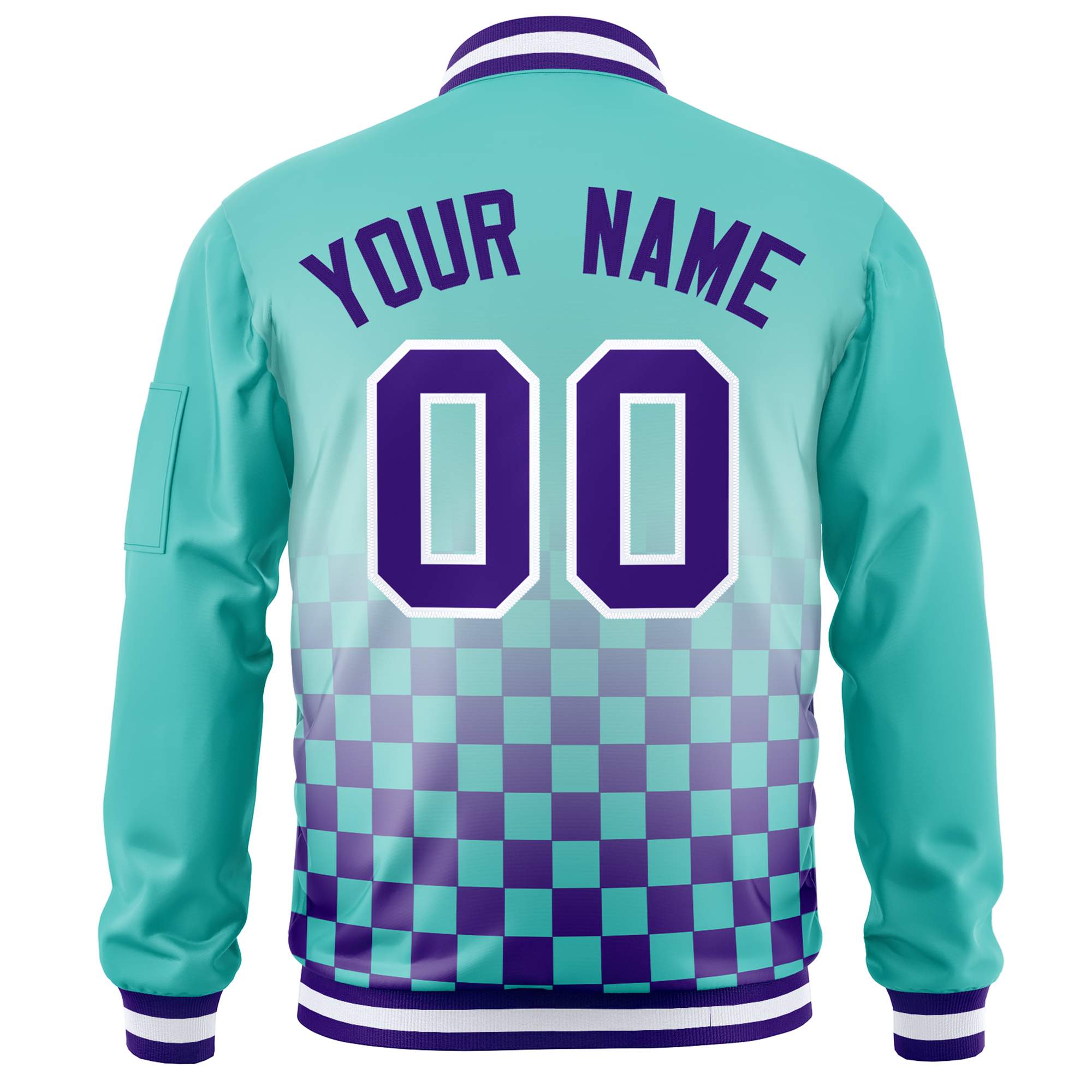 Custom Aqua Purple-White Grid Varsity Full-Zip Color Block Letterman Bomber Jacket