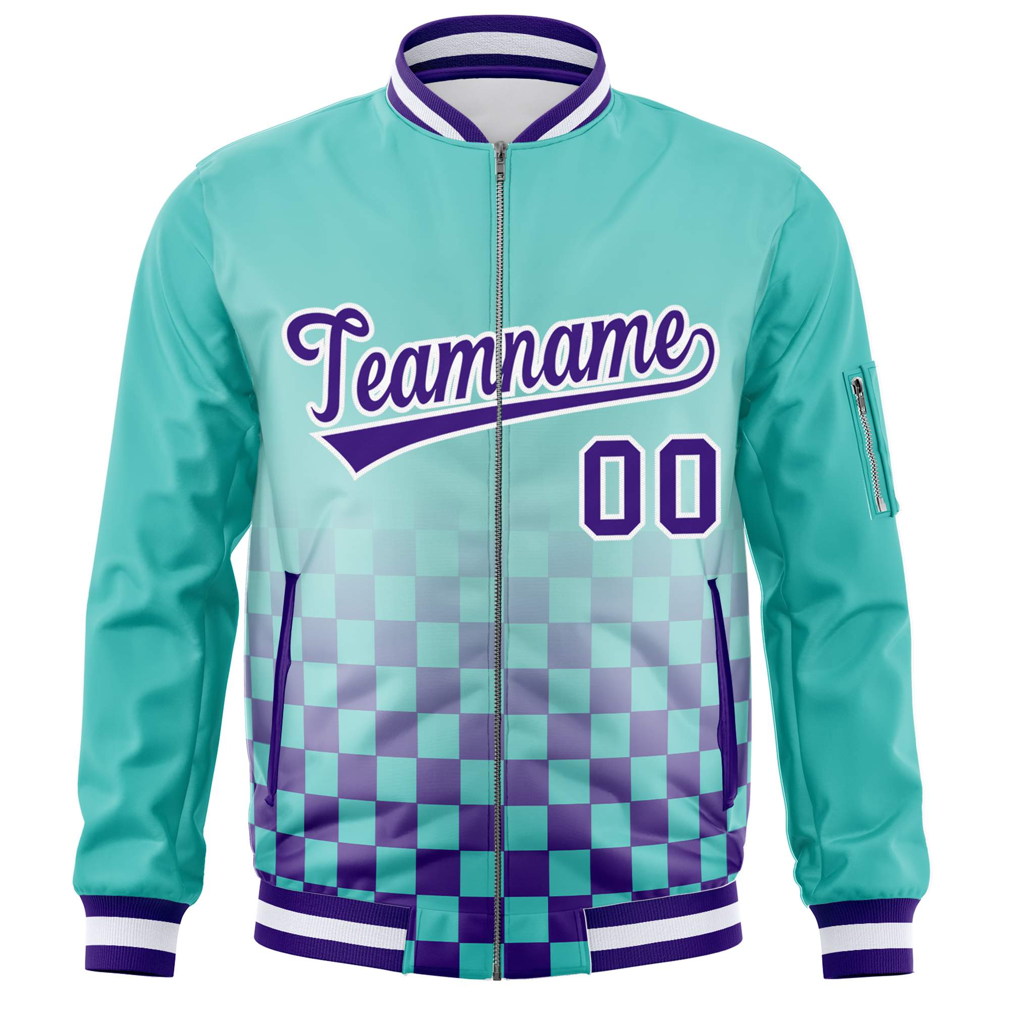 Custom Aqua Purple-White Grid Varsity Full-Zip Color Block Letterman Bomber Jacket