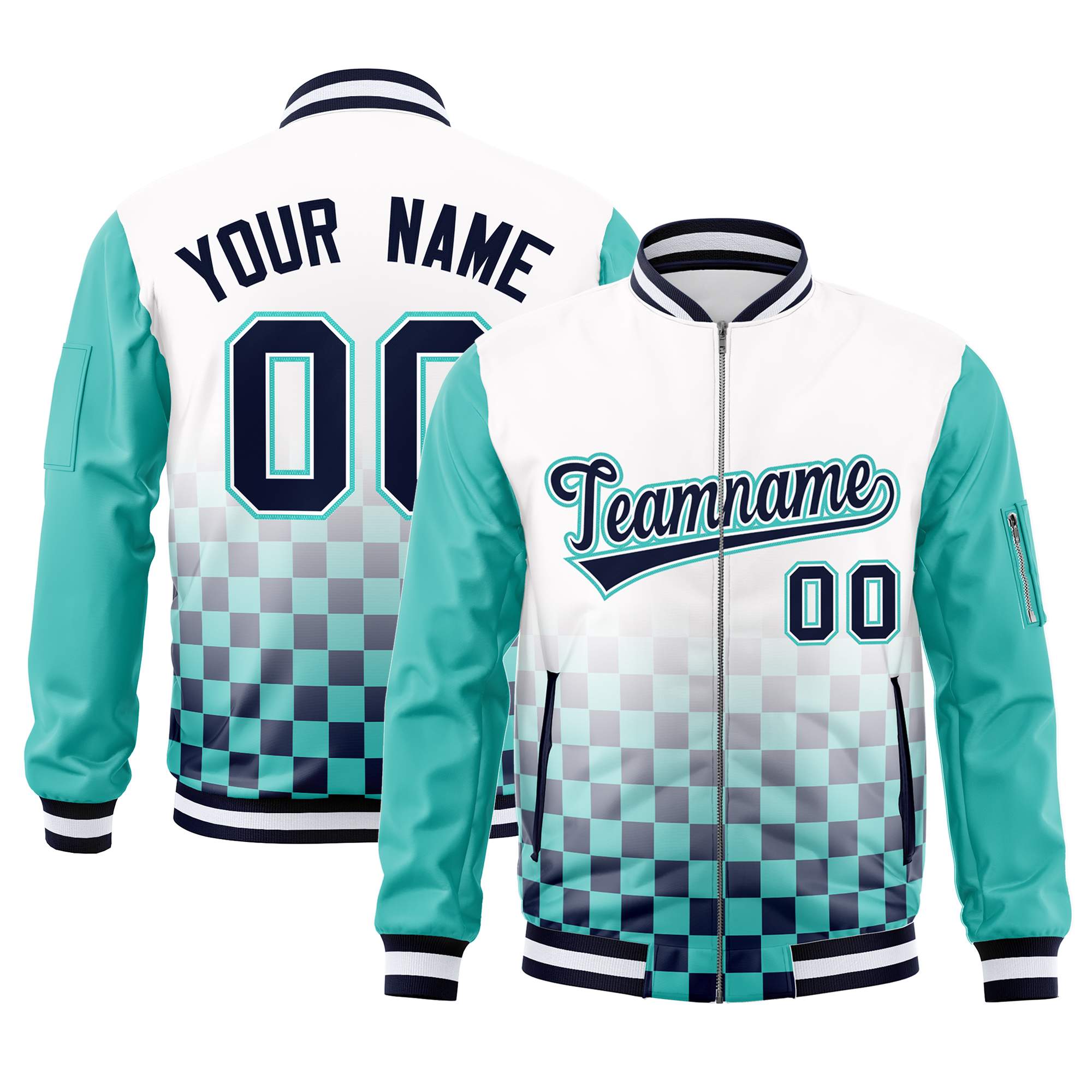 Custom White Navy-Aqua Grid Varsity Full-Zip Color Block Letterman Raglan Sleeve Jacket