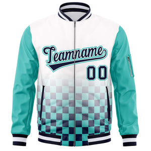 Custom White Navy-Aqua Grid Varsity Full-Zip Color Block Letterman Raglan Sleeve Jacket