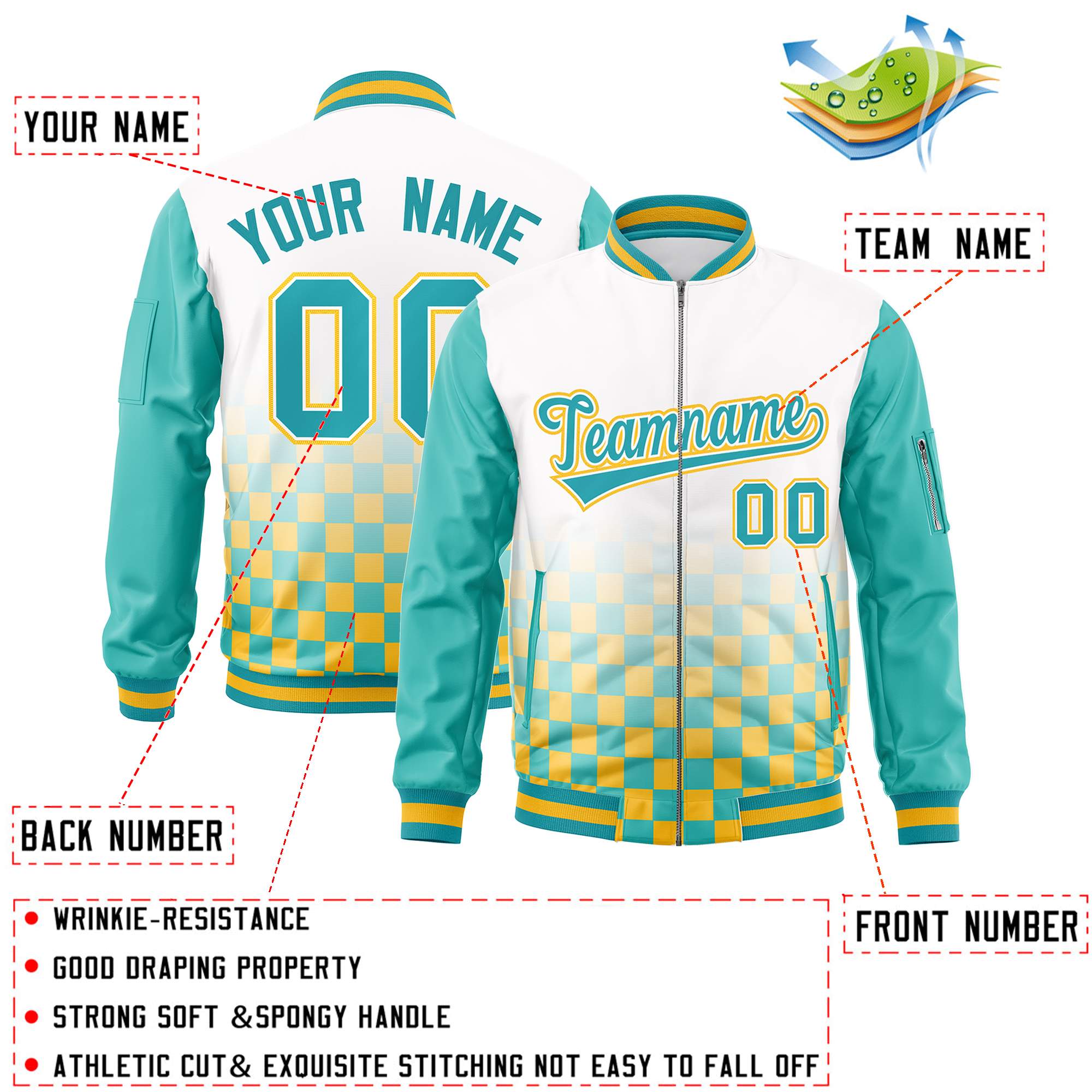 Custom White Aqua-Gold Grid Varsity Full-Zip Color Block Letterman Raglan Sleeve Jacket