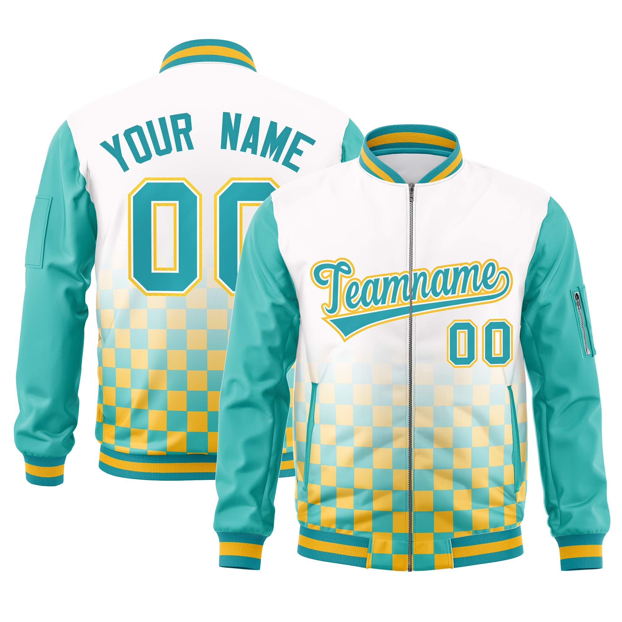 Custom White Aqua-Gold Grid Varsity Full-Zip Color Block Letterman Raglan Sleeve Jacket