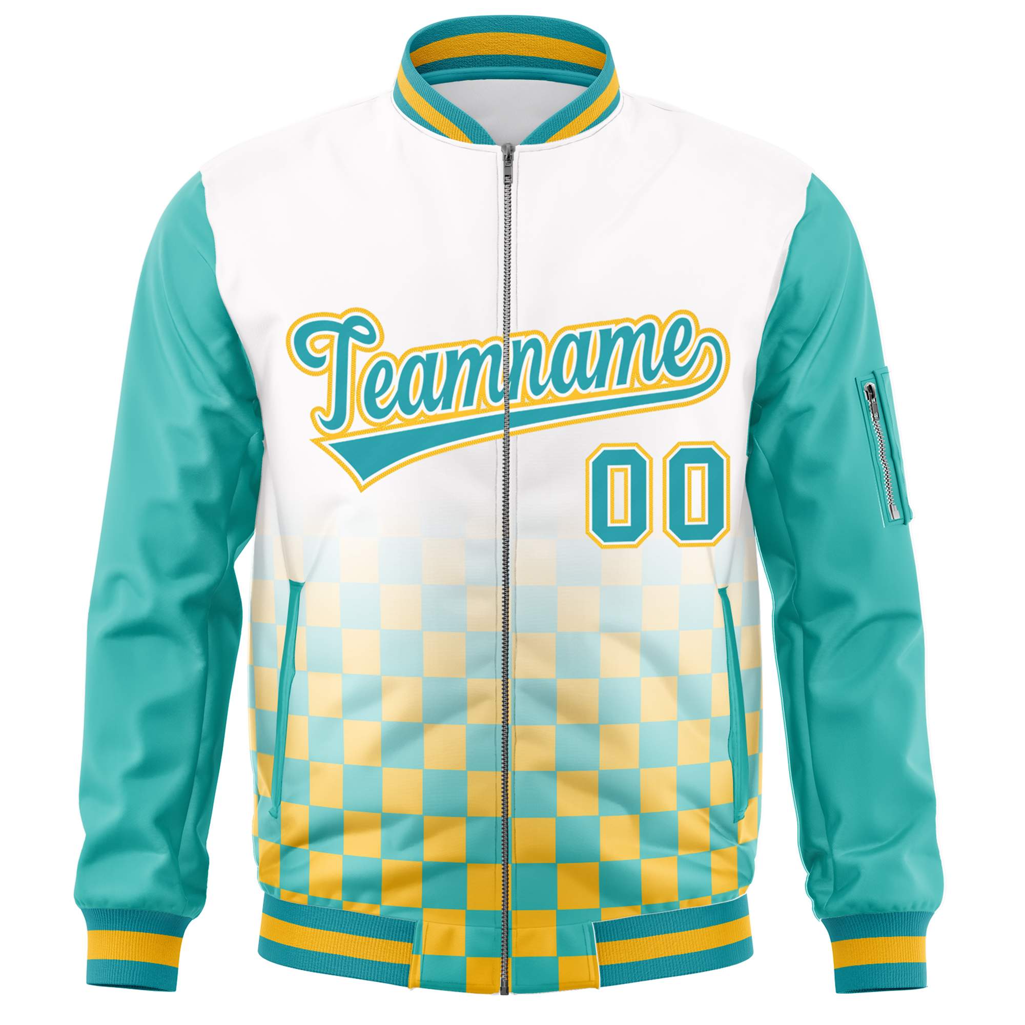 Custom White Aqua-Gold Grid Varsity Full-Zip Color Block Letterman Raglan Sleeve Jacket