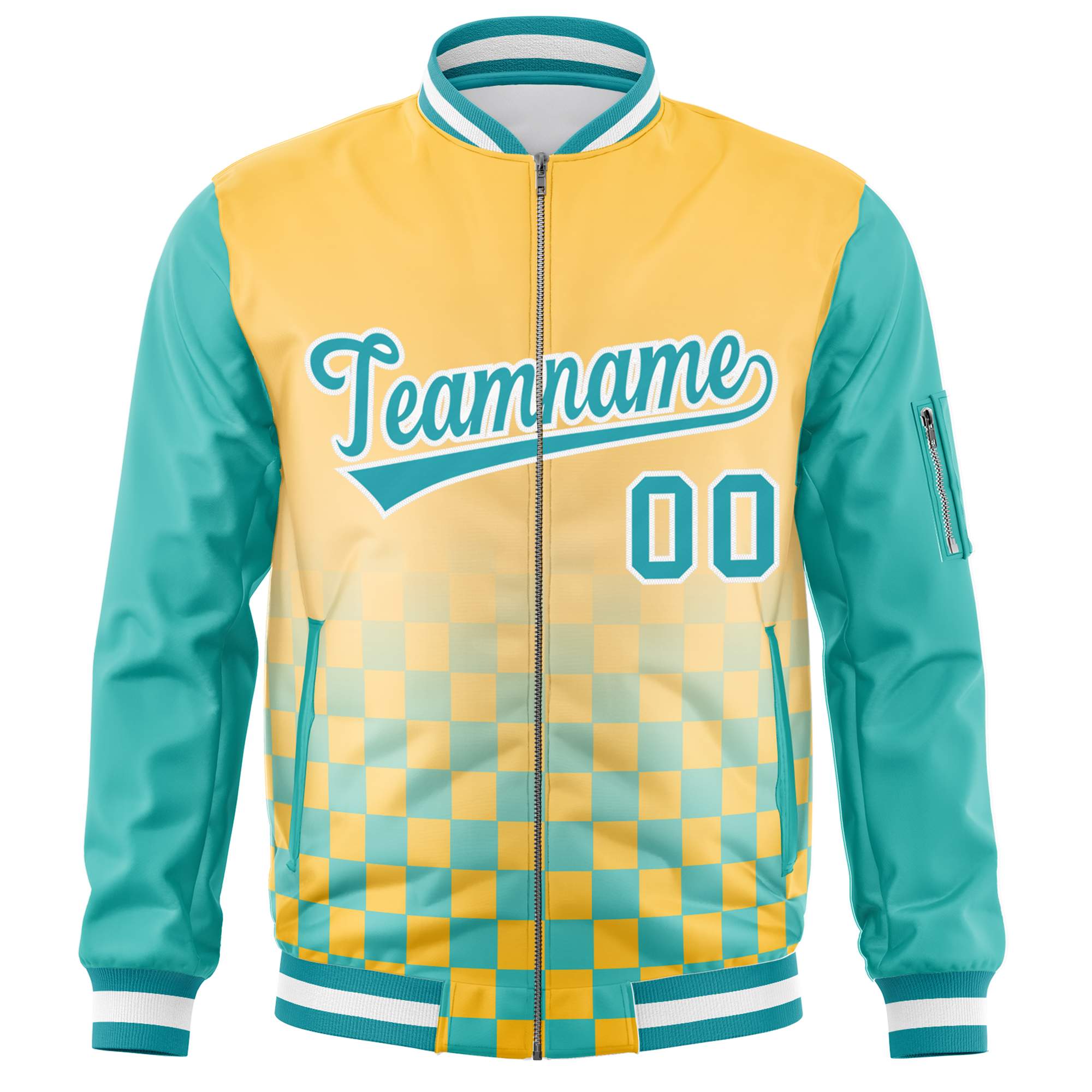 Custom Gold Aqua-White Grid Varsity Full-Zip Color Block Letterman Raglan Sleeve Jacket