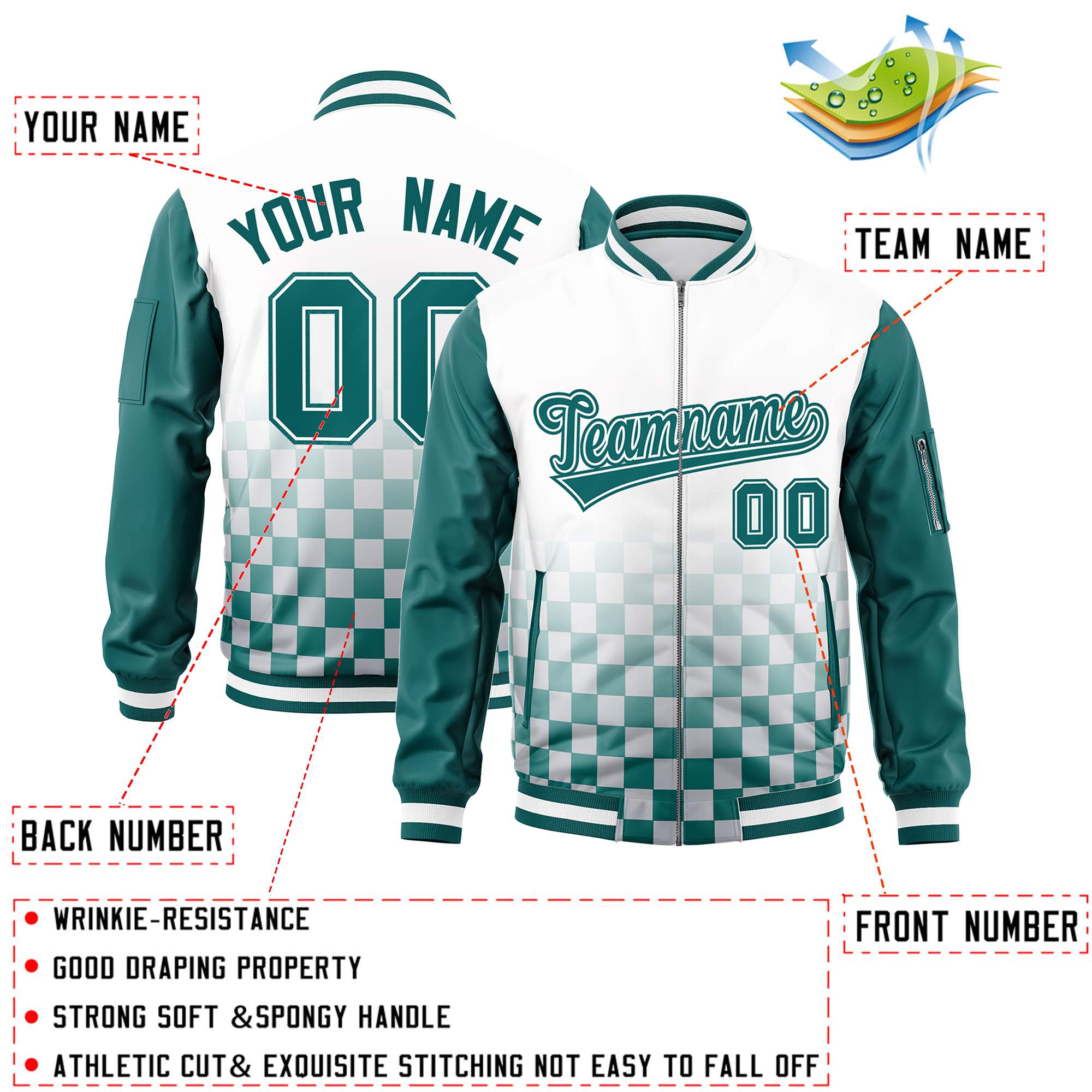 Custom White Aqua Grid Varsity Full-Zip Color Block Letterman Raglan Sleeve Jacket