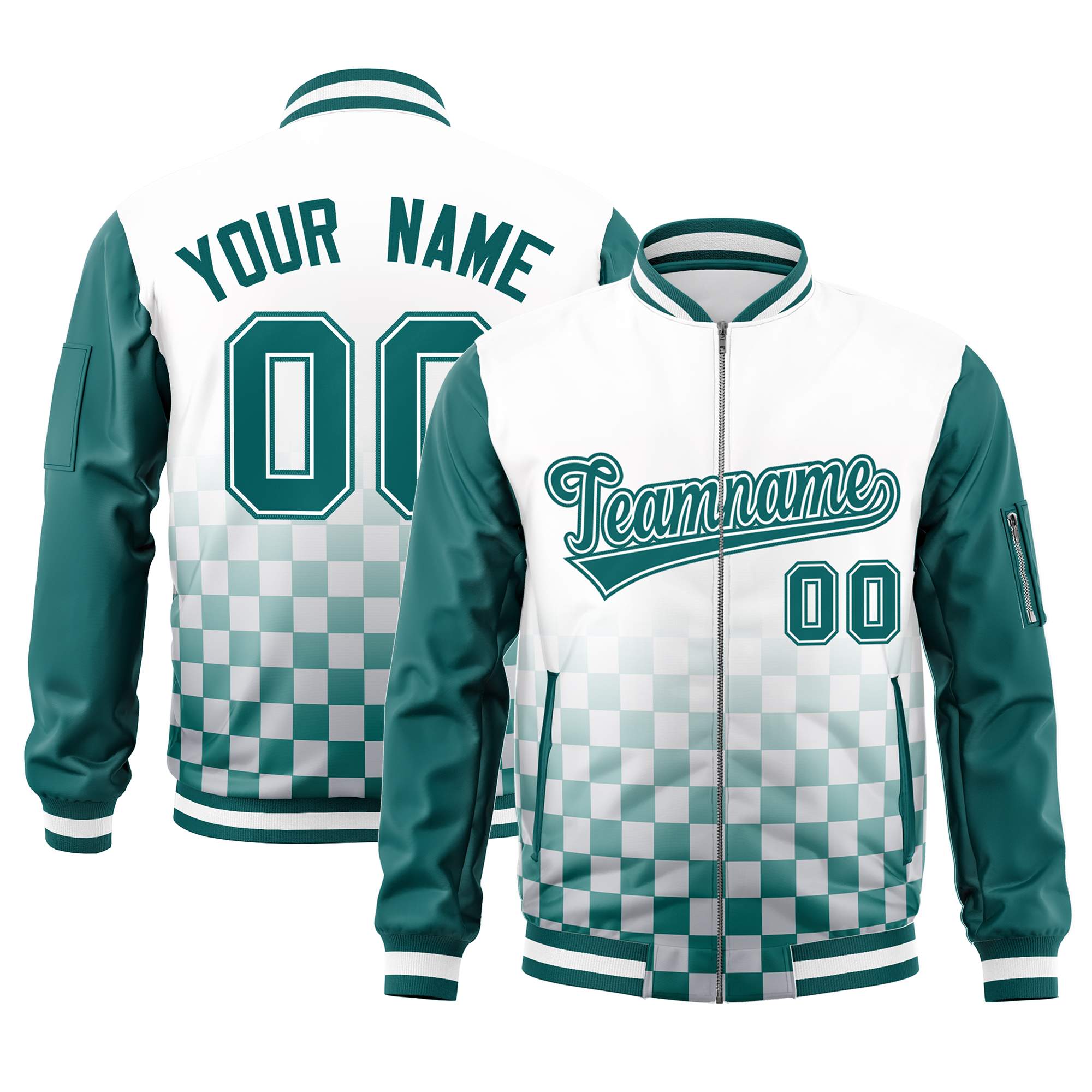 Custom White Aqua Grid Varsity Full-Zip Color Block Letterman Raglan Sleeve Jacket