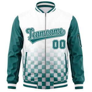 Custom White Aqua Grid Varsity Full-Zip Color Block Letterman Raglan Sleeve Jacket