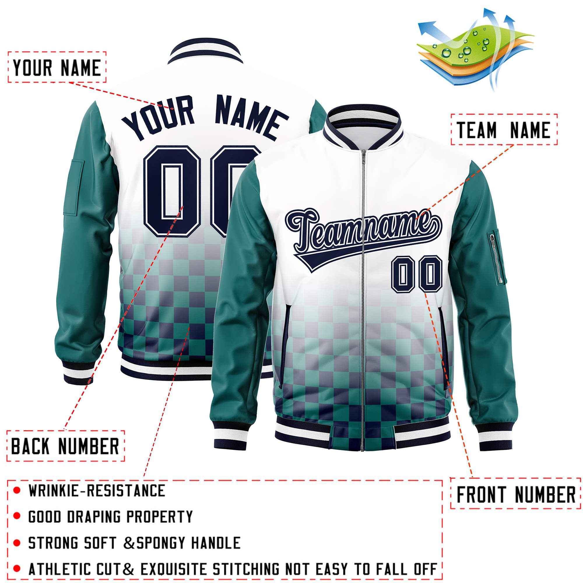 Custom White Navy-Aqua Grid Varsity Full-Zip Color Block Letterman Raglan Sleeve Jacket