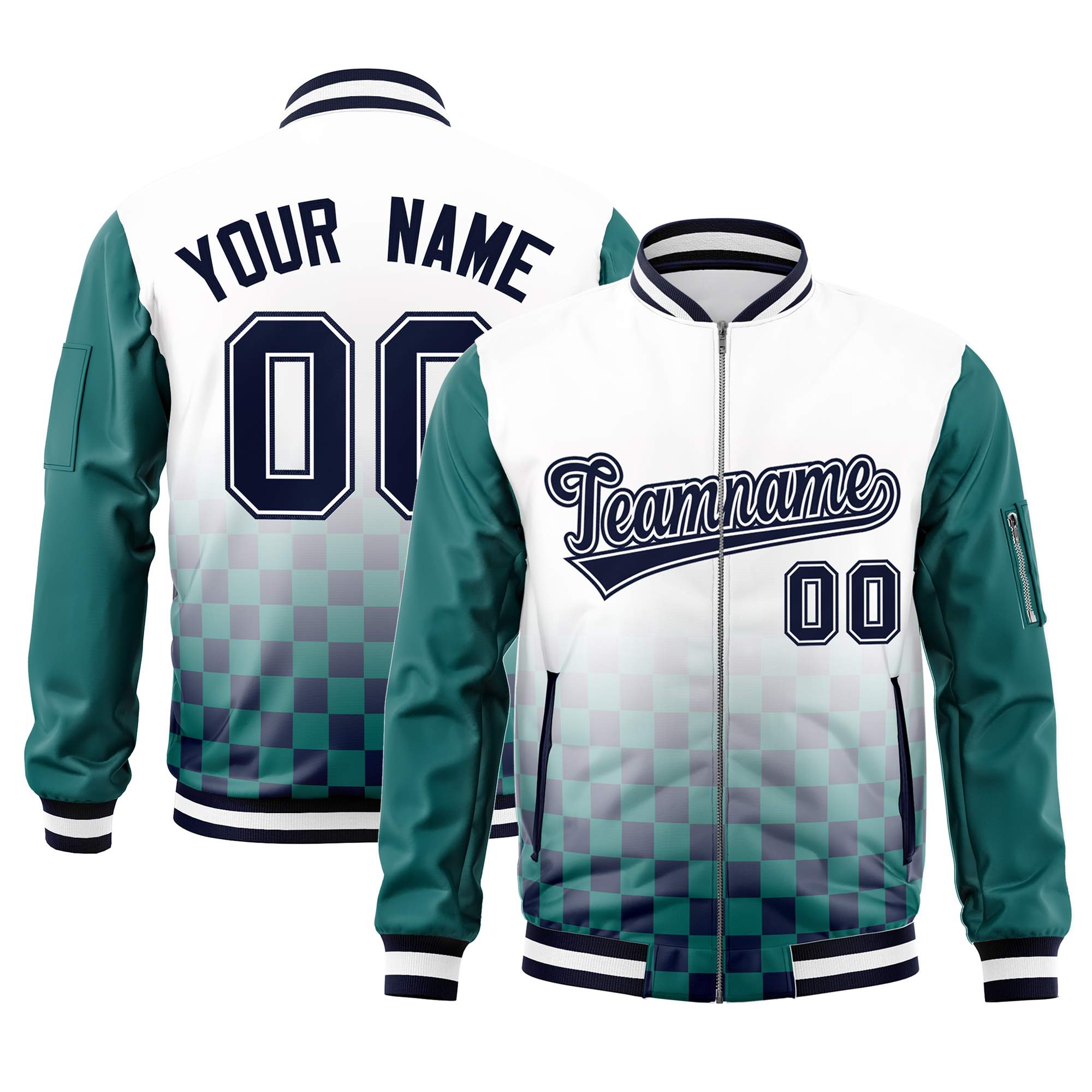 Custom White Navy-Aqua Grid Varsity Full-Zip Color Block Letterman Raglan Sleeve Jacket