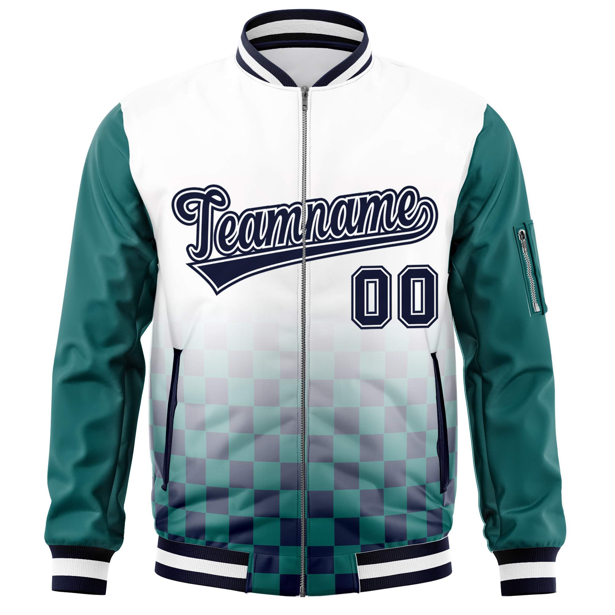 Custom White Navy-Aqua Grid Varsity Full-Zip Color Block Letterman Raglan Sleeve Jacket