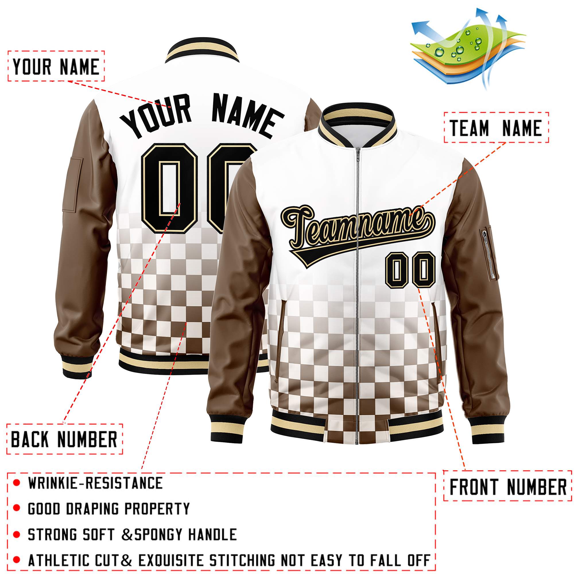 Custom White Black-Brown Grid Varsity Full-Zip Color Block Letterman Raglan Sleeve Jacket