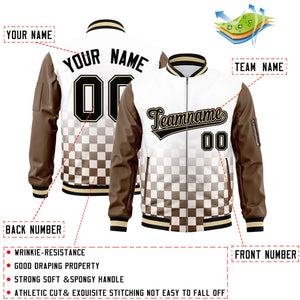 Custom White Black-Brown Grid Varsity Full-Zip Color Block Letterman Raglan Sleeve Jacket