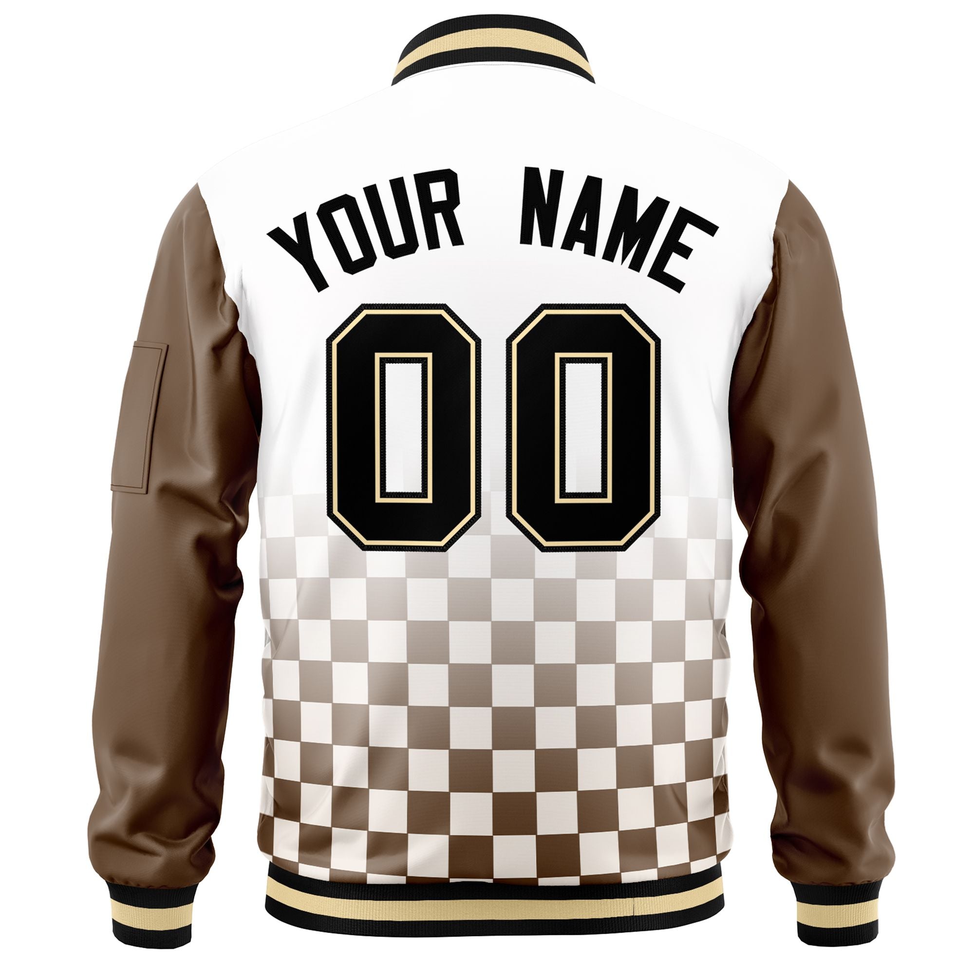 Custom White Black-Brown Grid Varsity Full-Zip Color Block Letterman Raglan Sleeve Jacket