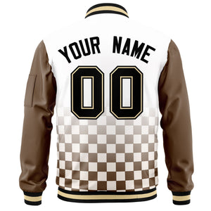 Custom White Black-Brown Grid Varsity Full-Zip Color Block Letterman Raglan Sleeve Jacket