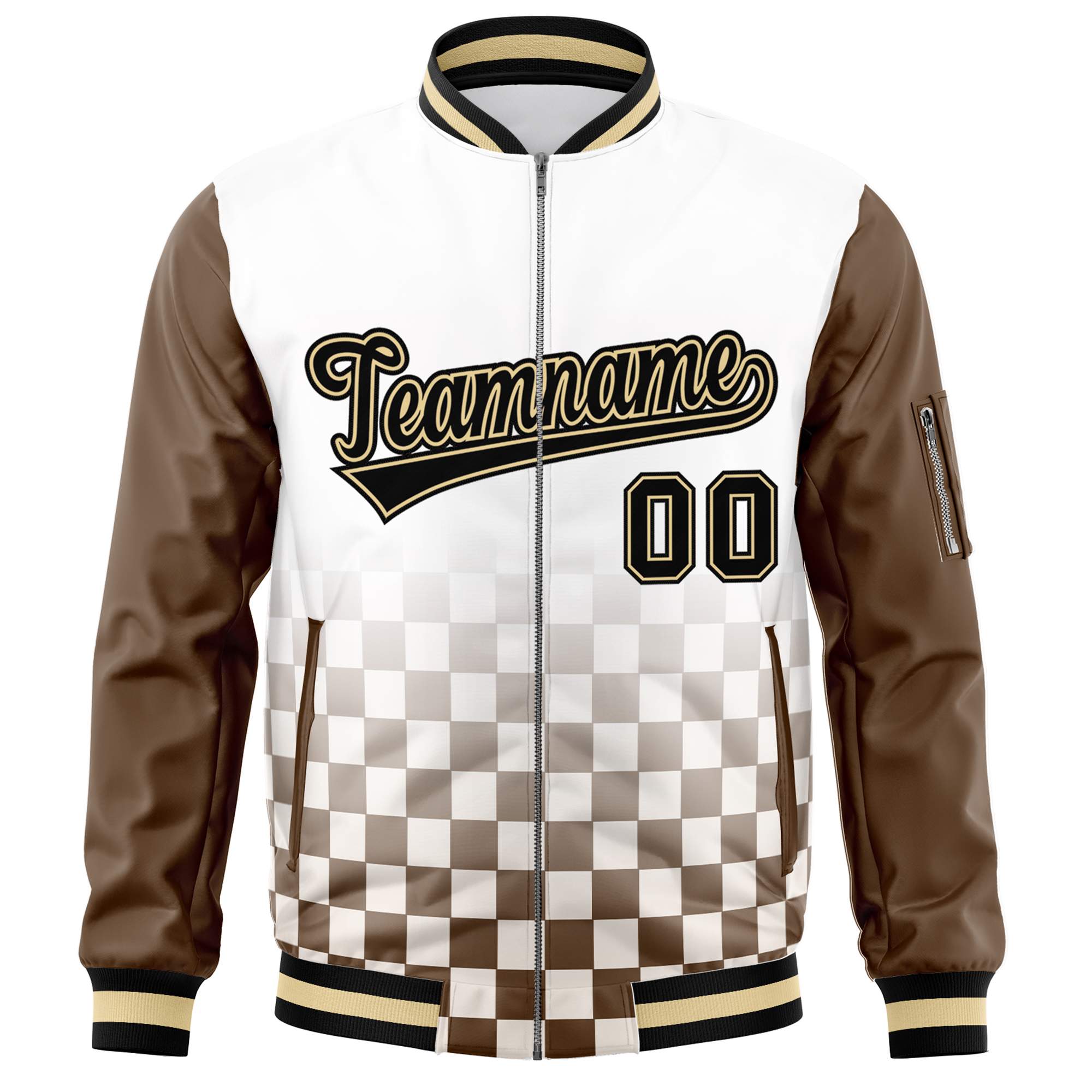 Custom White Black-Brown Grid Varsity Full-Zip Color Block Letterman Raglan Sleeve Jacket