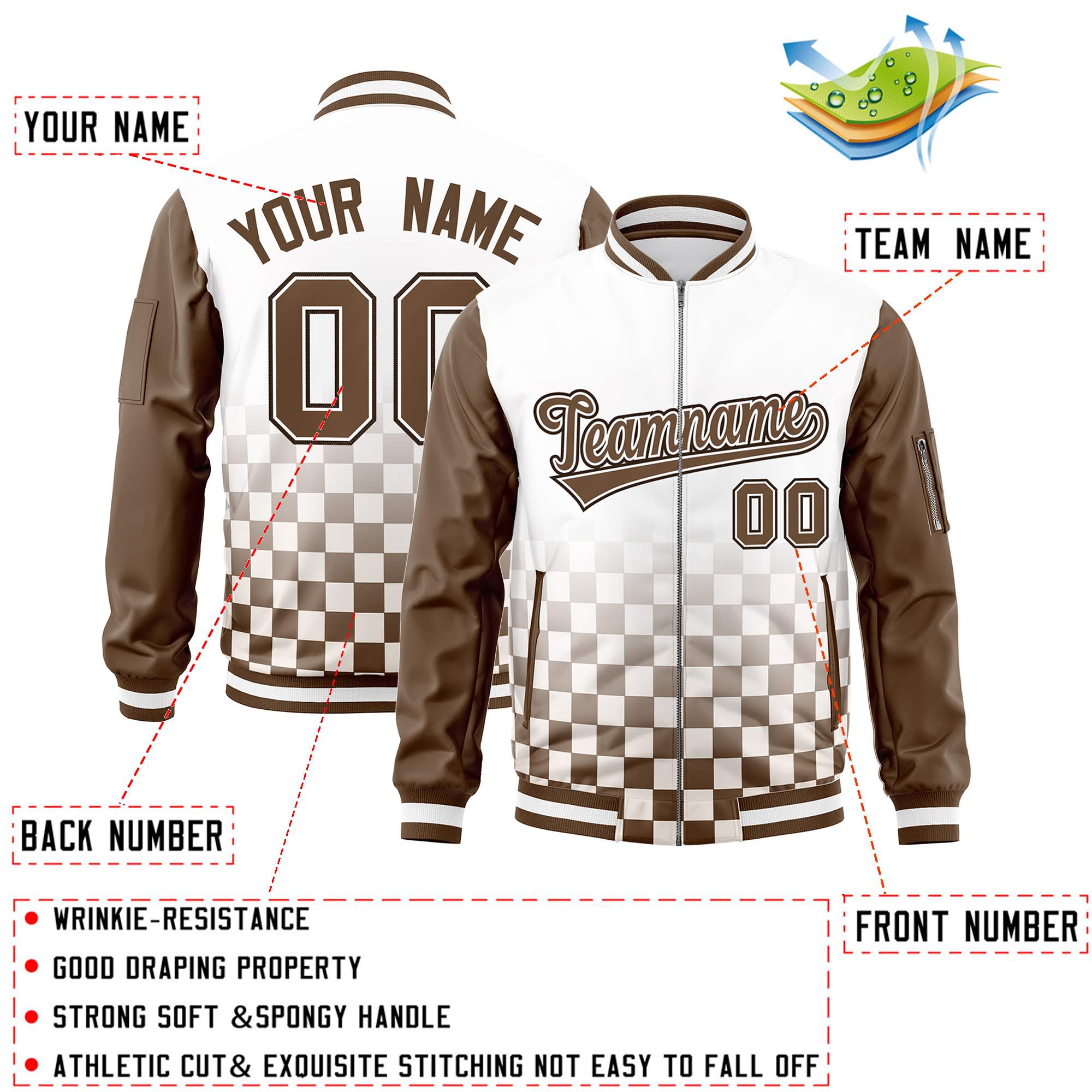 Custom White Brown Grid Varsity Full-Zip Color Block Letterman Raglan Sleeve Jacket