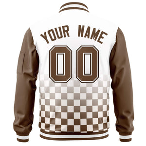 Custom White Brown Grid Varsity Full-Zip Color Block Letterman Raglan Sleeve Jacket