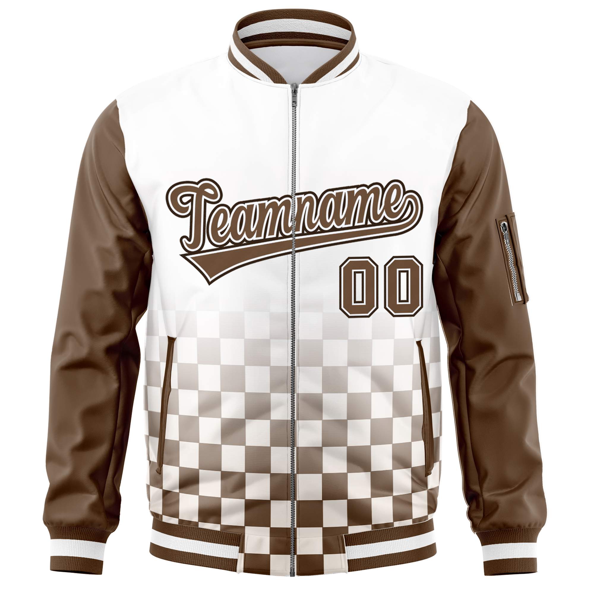 Custom White Brown Grid Varsity Full-Zip Color Block Letterman Raglan Sleeve Jacket