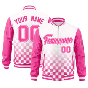 Custom White Pink Grid Varsity Full-Zip Color Block Letterman Raglan Sleeve Jacket