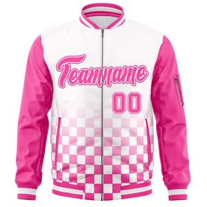 Custom White Pink Grid Varsity Full-Zip Color Block Letterman Raglan Sleeve Jacket