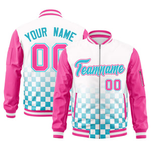 Custom White Light Blue-Pink Grid Varsity Full-Zip Color Block Letterman Raglan Sleeve Jacket