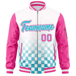 Custom White Light Blue-Pink Grid Varsity Full-Zip Color Block Letterman Raglan Sleeve Jacket