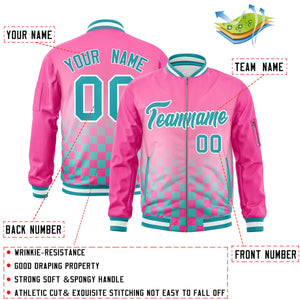 Custom Pink Aqua-White Grid Varsity Full-Zip Color Block Letterman Bomber Jacket