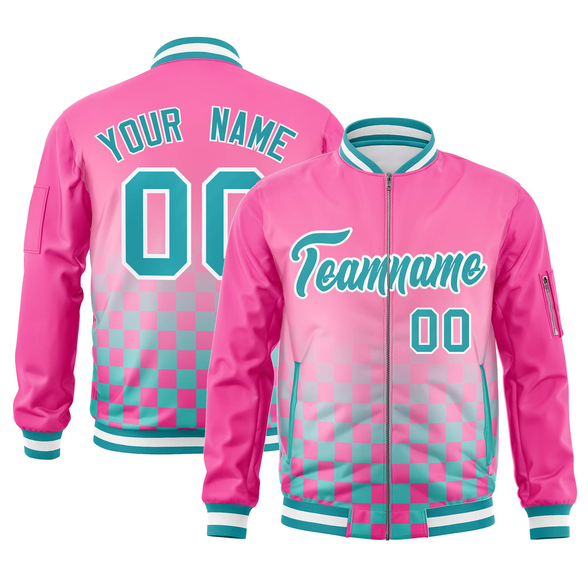 Custom Pink Aqua-White Grid Varsity Full-Zip Color Block Letterman Bomber Jacket