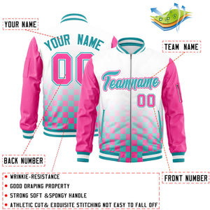 Custom White Aqua-Pink Grid Varsity Full-Zip Color Block Letterman Raglan Sleeve Jacket