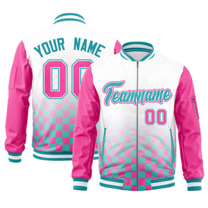 Custom White Aqua-Pink Grid Varsity Full-Zip Color Block Letterman Raglan Sleeve Jacket