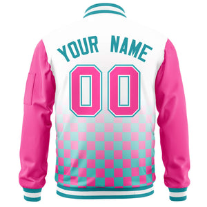 Custom White Aqua-Pink Grid Varsity Full-Zip Color Block Letterman Raglan Sleeve Jacket