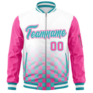 Custom White Aqua-Pink Grid Varsity Full-Zip Color Block Letterman Raglan Sleeve Jacket