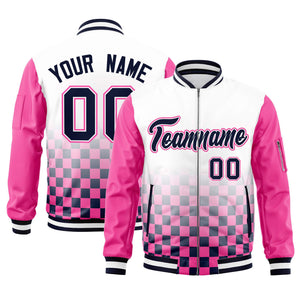 Custom White Navy-Pink Grid Varsity Full-Zip Color Block Letterman Raglan Sleeve Jacket