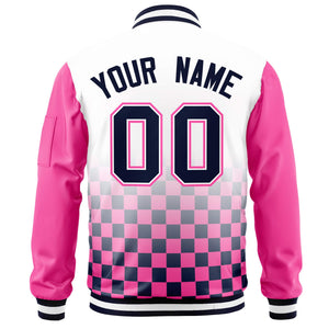 Custom White Navy-Pink Grid Varsity Full-Zip Color Block Letterman Raglan Sleeve Jacket