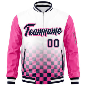 Custom White Navy-Pink Grid Varsity Full-Zip Color Block Letterman Raglan Sleeve Jacket