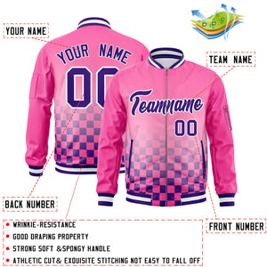 Custom Pink Purple-White Grid Varsity Full-Zip Color Block Letterman Bomber Jacket