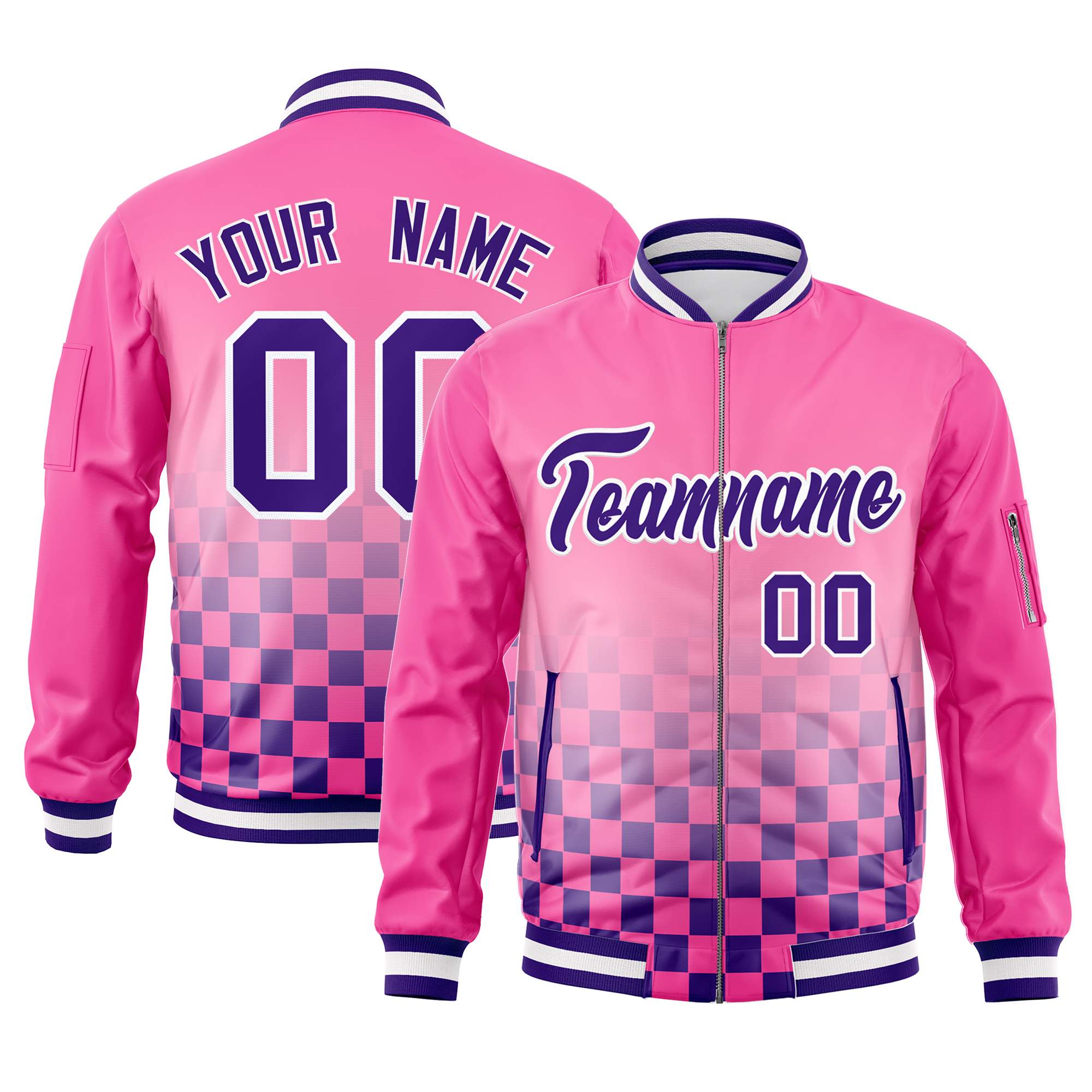 Custom Pink Purple-White Grid Varsity Full-Zip Color Block Letterman Bomber Jacket