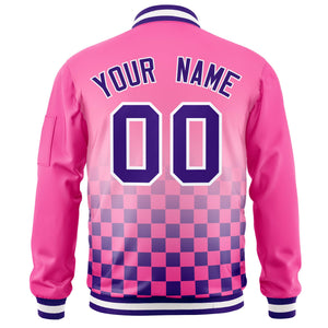 Custom Pink Purple-White Grid Varsity Full-Zip Color Block Letterman Bomber Jacket