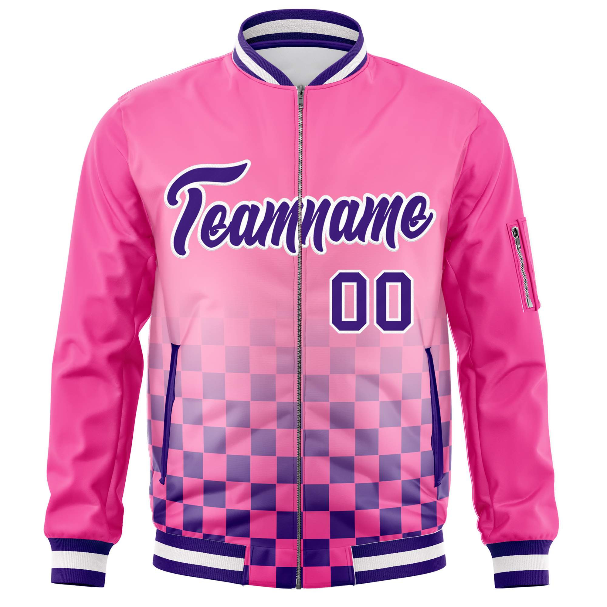 Custom Pink Purple-White Grid Varsity Full-Zip Color Block Letterman Bomber Jacket