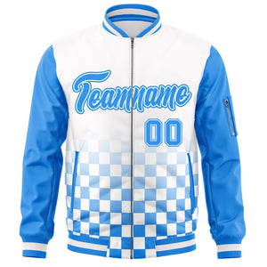 Custom White Powder Blue Grid Varsity Full-Zip Color Block Letterman Raglan Sleeve Jacket