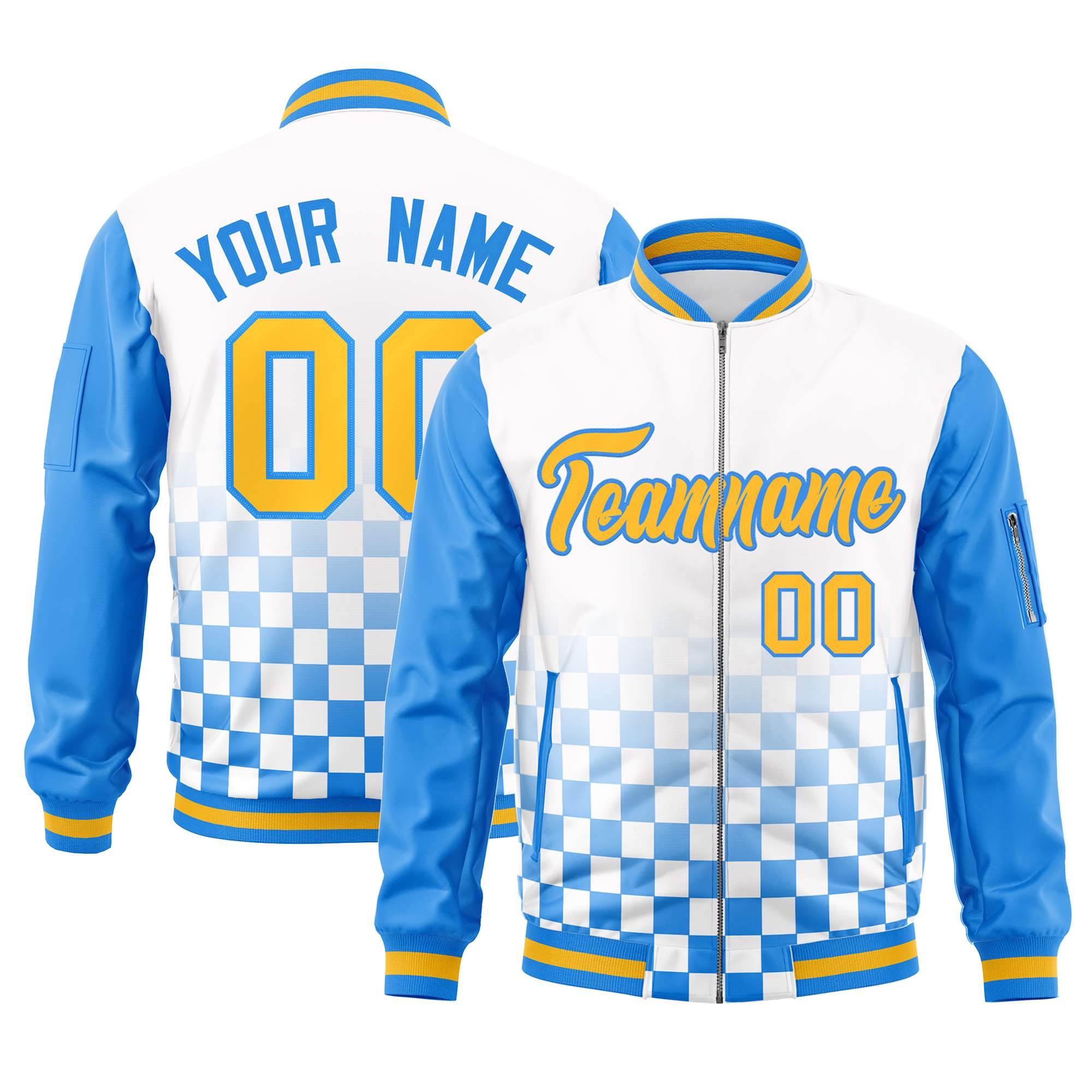 Custom White Gold-Powder Blue Grid Varsity Full-Zip Color Block Letterman Raglan Sleeve Jacket