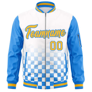 Custom White Gold-Powder Blue Grid Varsity Full-Zip Color Block Letterman Raglan Sleeve Jacket