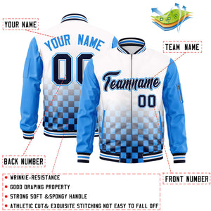 Custom White Navy-Powder Blue Grid Varsity Full-Zip Color Block Letterman Raglan Sleeve Jacket