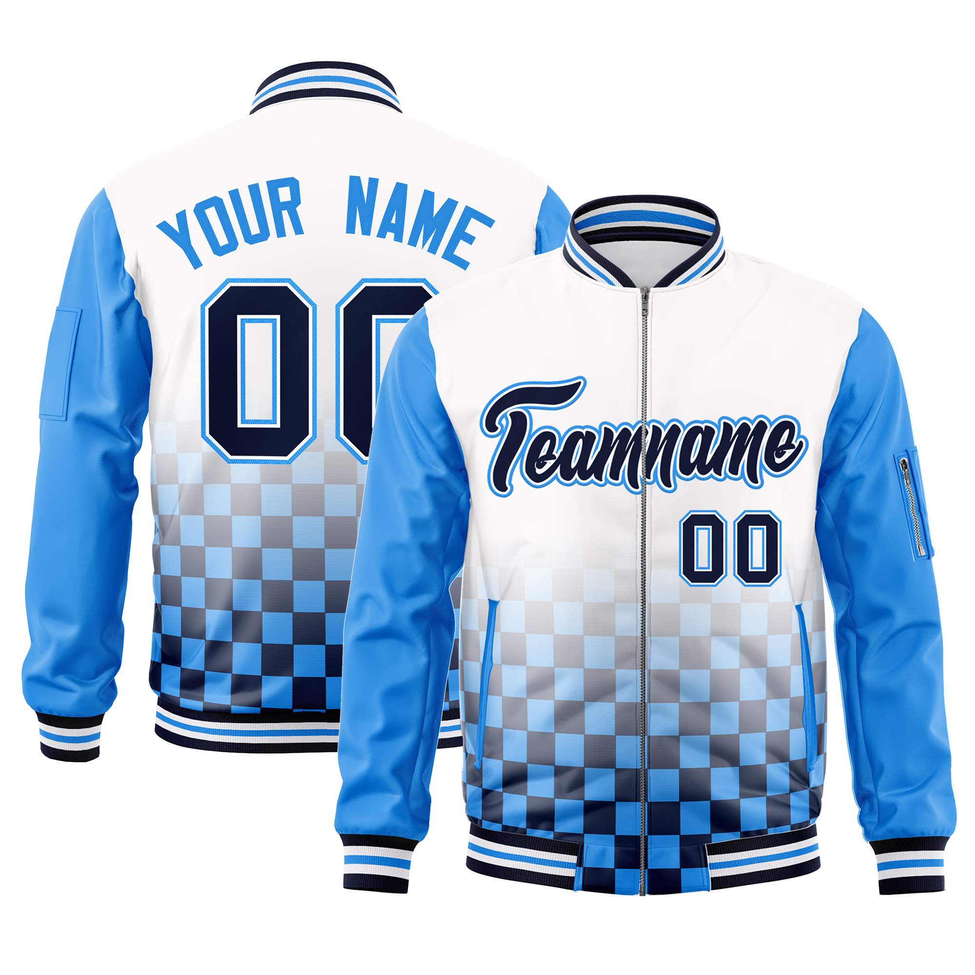 Custom White Navy-Powder Blue Grid Varsity Full-Zip Color Block Letterman Raglan Sleeve Jacket