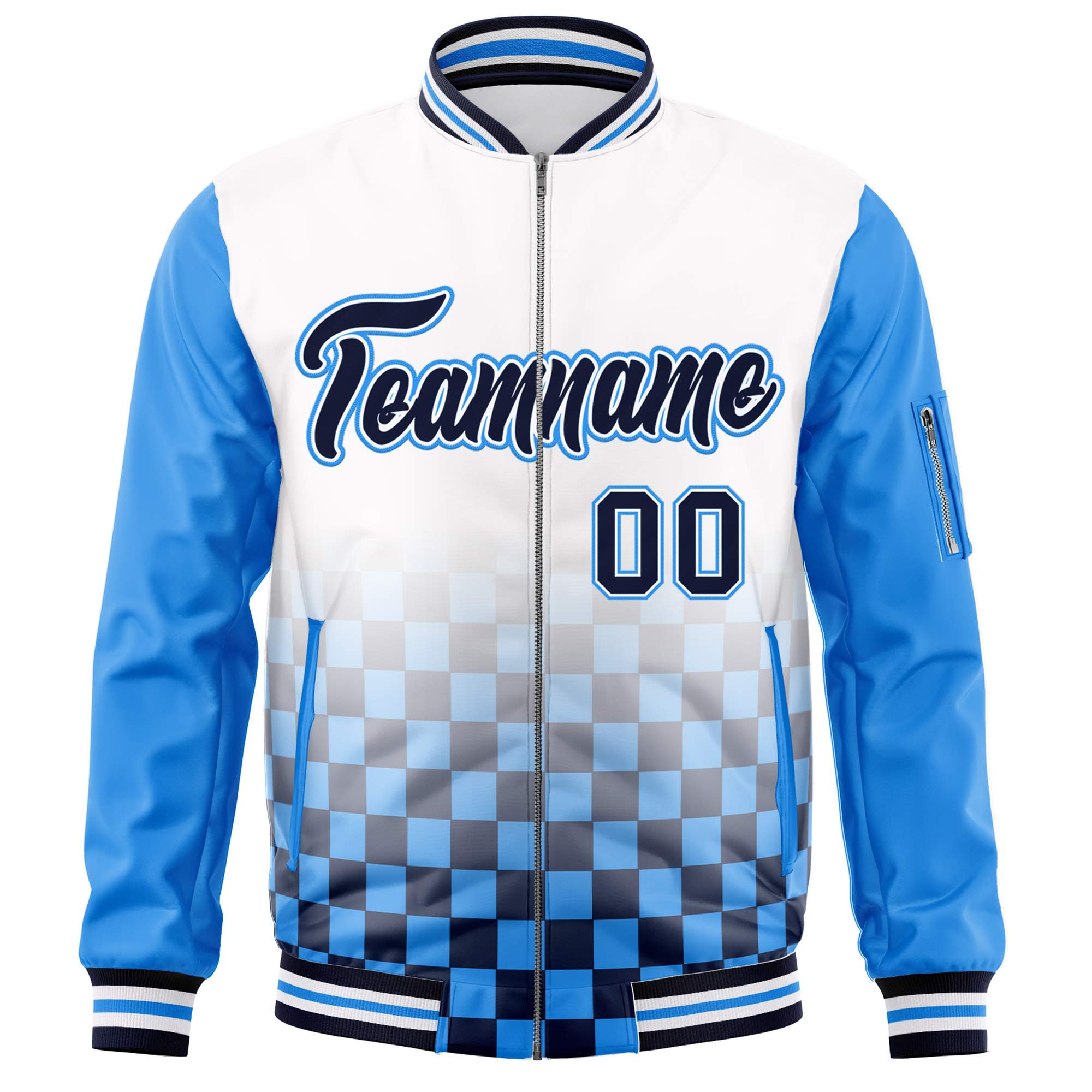 Custom White Navy-Powder Blue Grid Varsity Full-Zip Color Block Letterman Raglan Sleeve Jacket