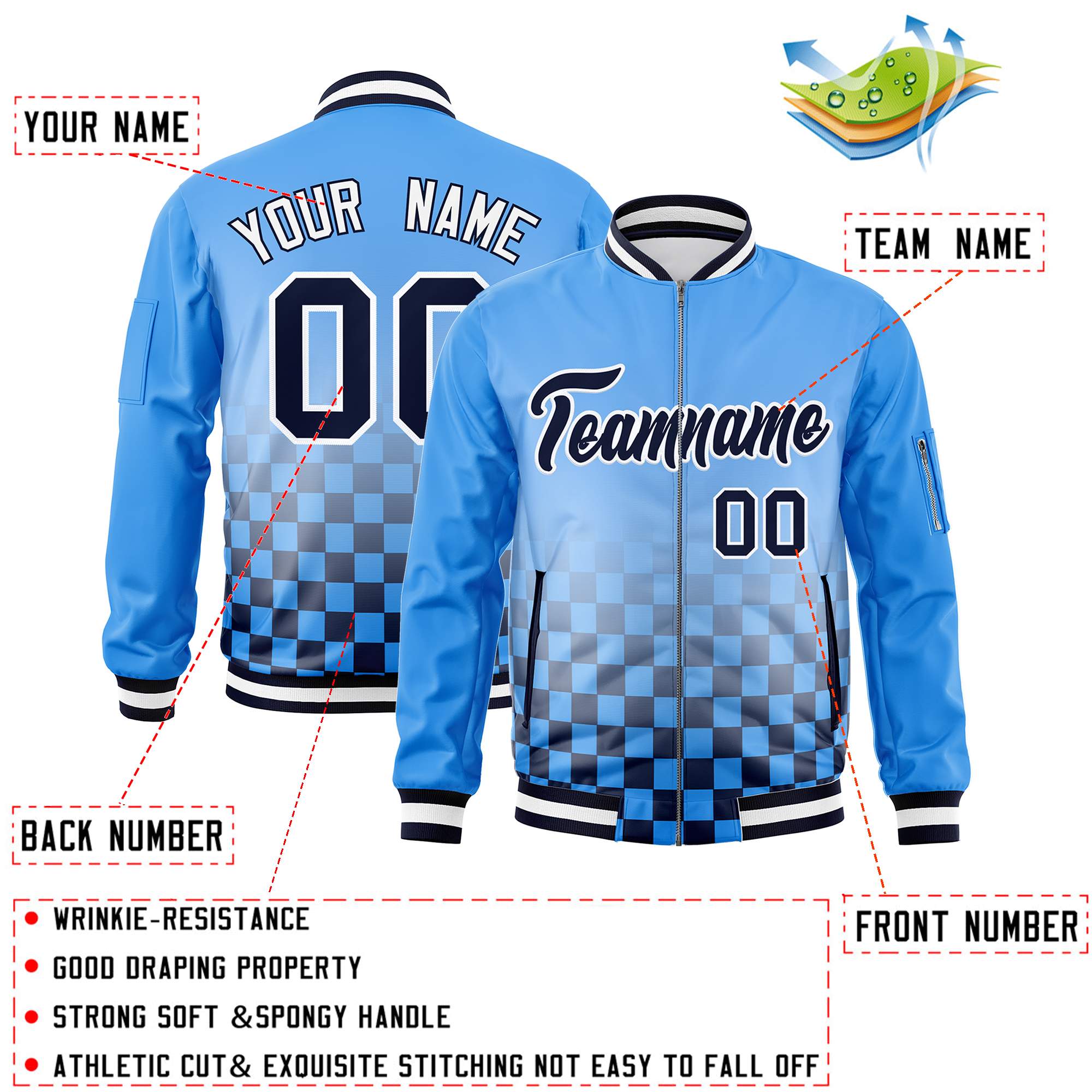 Custom Powder Blue Navy-White Grid Varsity Full-Zip Color Block Letterman Bomber Jacket