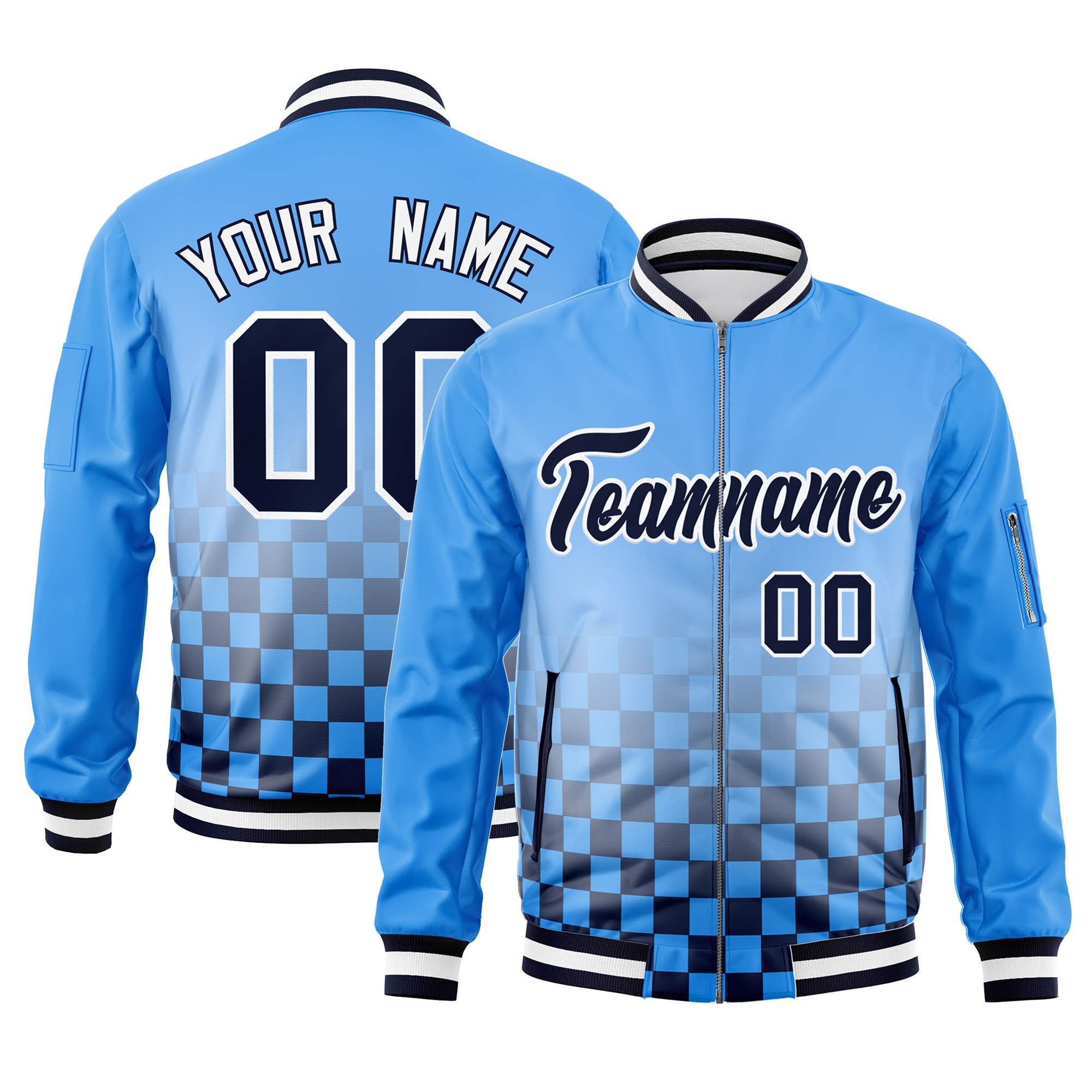 Custom Powder Blue Navy-White Grid Varsity Full-Zip Color Block Letterman Bomber Jacket