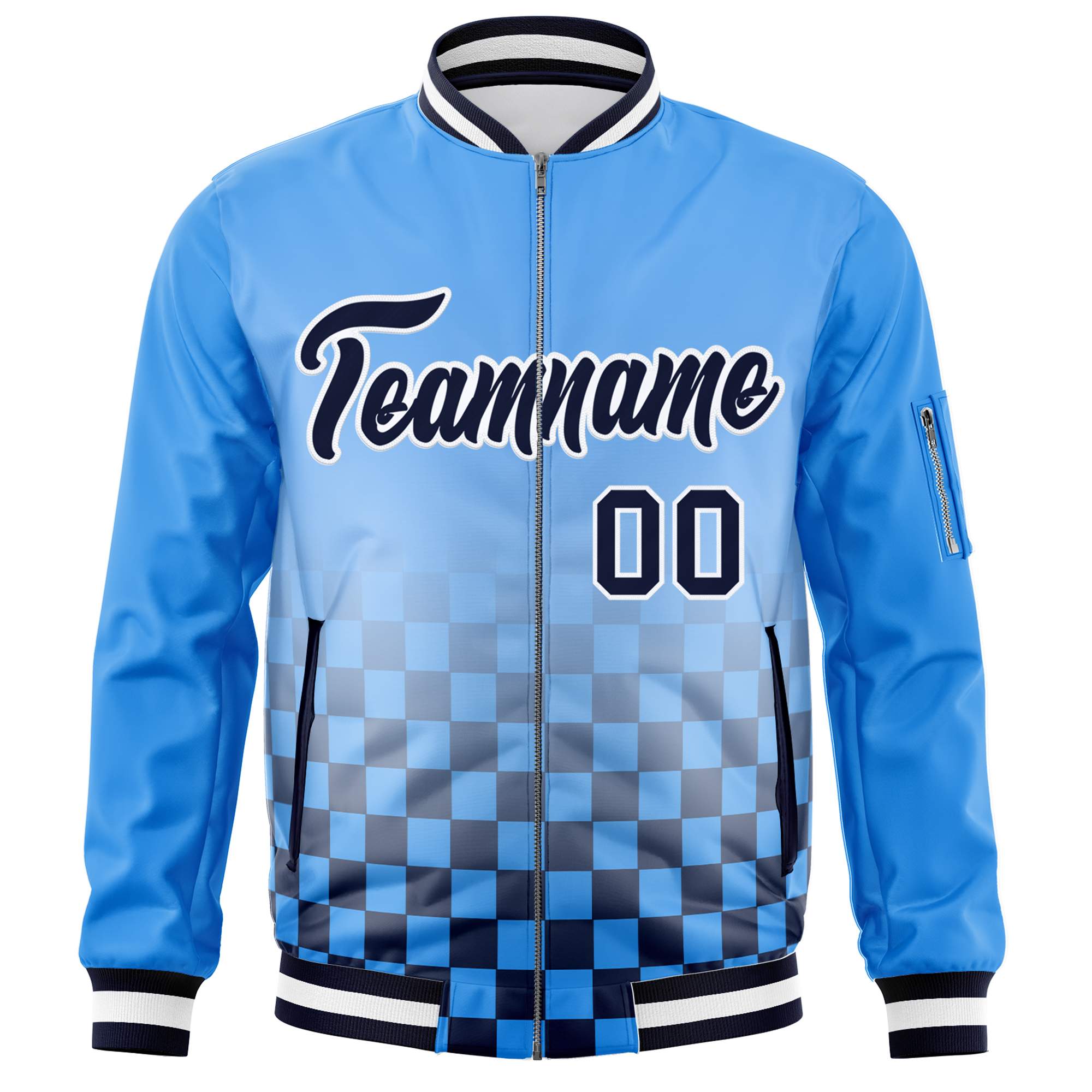 Custom Powder Blue Navy-White Grid Varsity Full-Zip Color Block Letterman Bomber Jacket