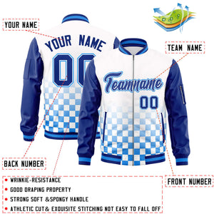 Custom White Royal-Powder Blue Grid Varsity Full-Zip Color Block Letterman Raglan Sleeve Jacket